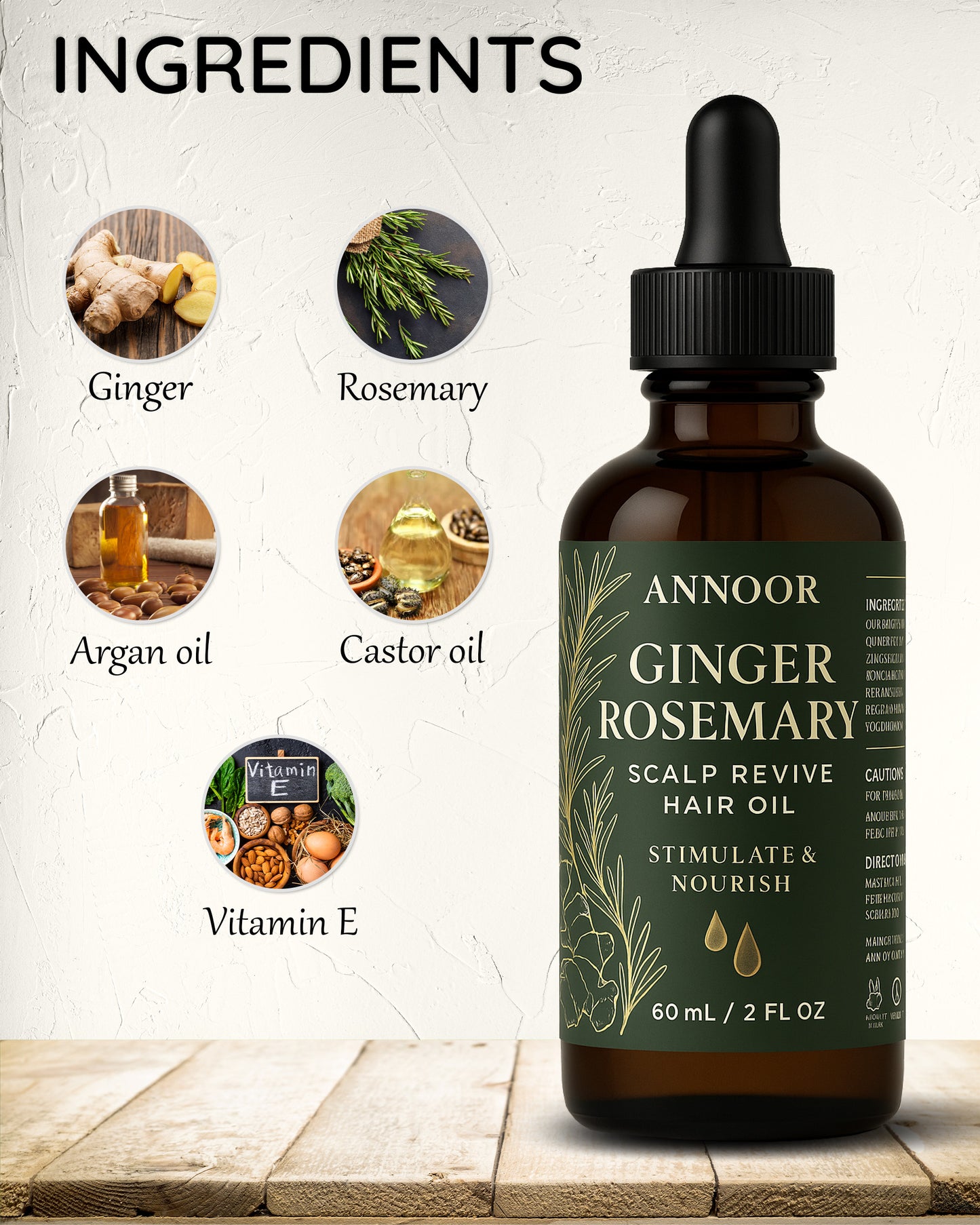Annoor Ginger Rosemary Hair Oil – Nourish, Strengthen & Revitalize Scalp – Hair Growth & Thickening Oil with Organic Argan, Castor & Jojoba – 2 fl oz – For All Hair Types