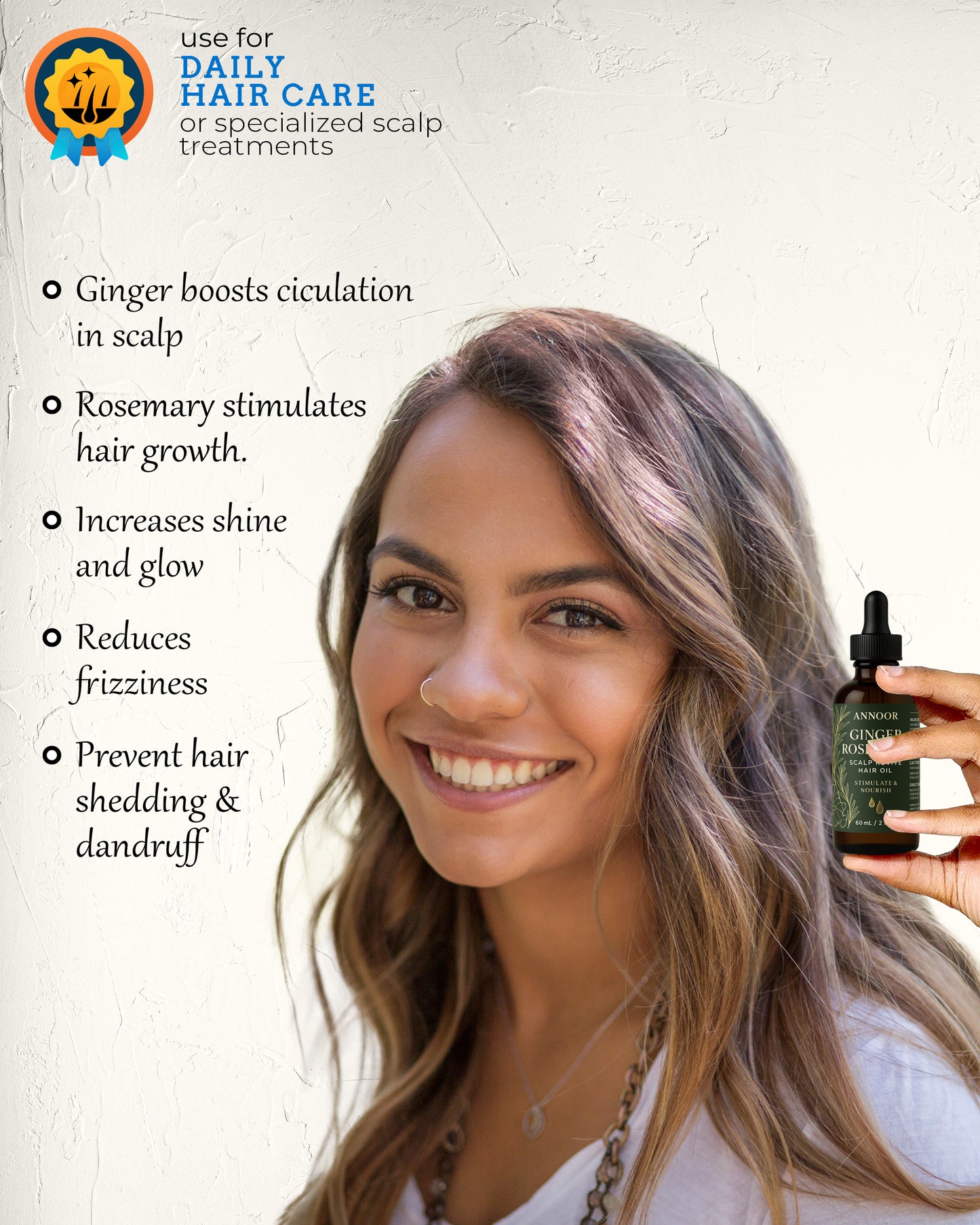 Annoor Ginger Rosemary Hair Oil – Nourish, Strengthen & Revitalize Scalp – Hair Growth & Thickening Oil with Organic Argan, Castor & Jojoba – 2 fl oz – For All Hair Types