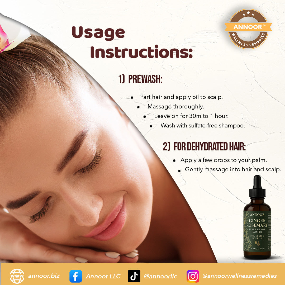 Annoor Ginger Rosemary Hair Oil – Nourish, Strengthen & Revitalize Scalp – Hair Growth & Thickening Oil with Organic Argan, Castor & Jojoba – 2 fl oz – For All Hair Types