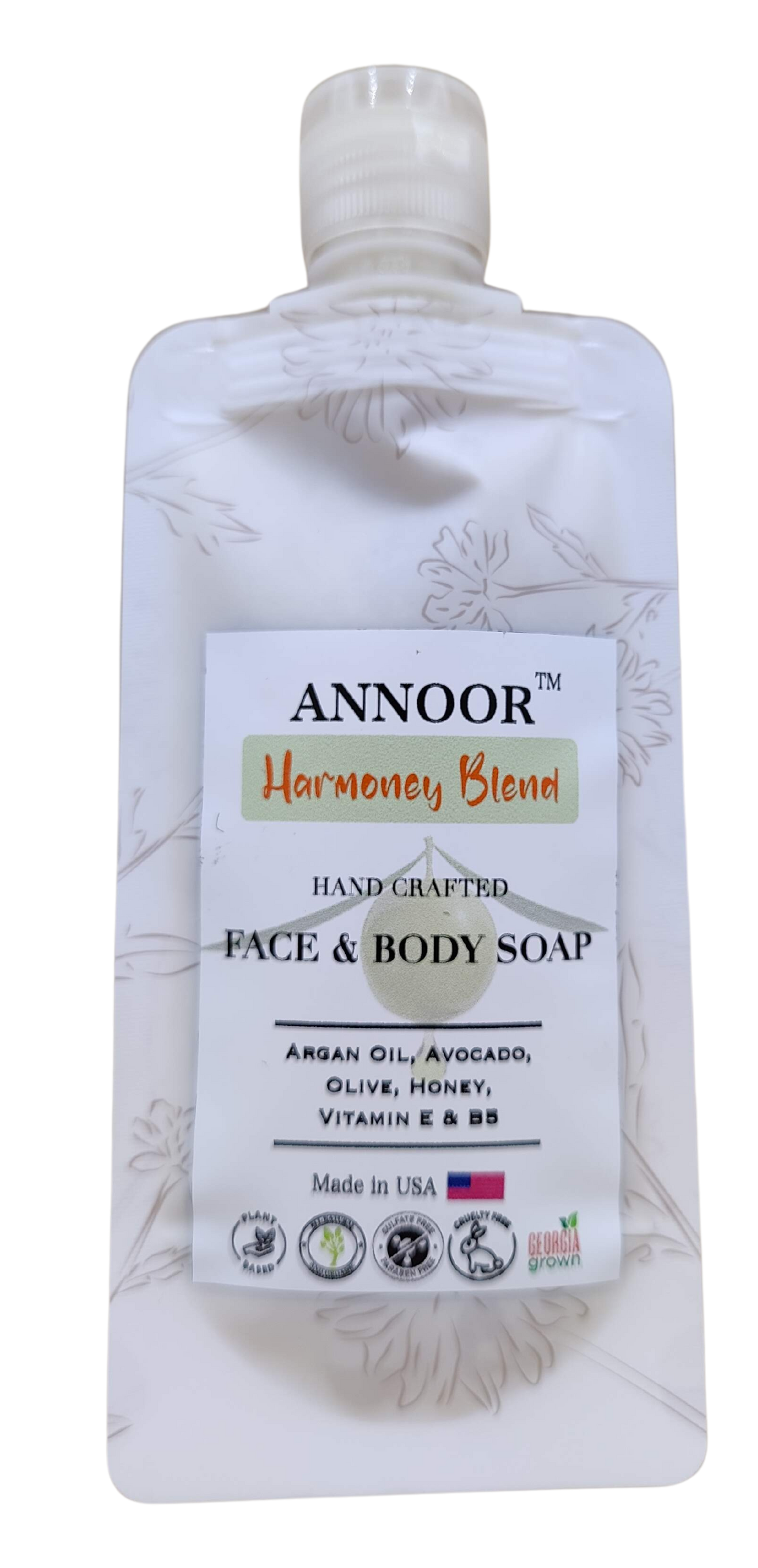 Organic Face & Body Liquid Soap (3 Fl Oz) - Hand Crafted - Argan Oil, Avocado, Olive, Honey - Harmoney Blend by Annoor