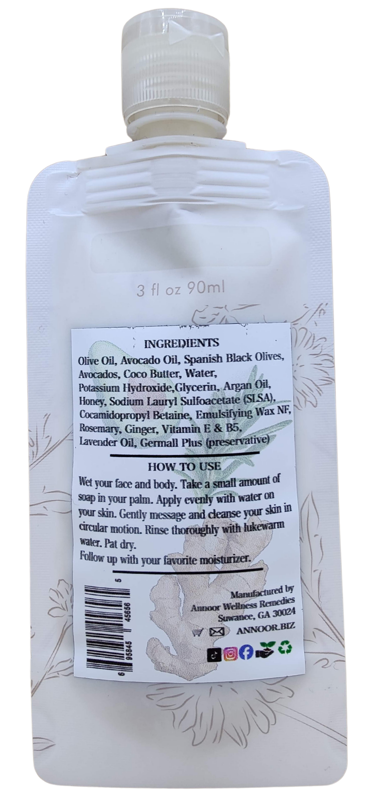 Organic Face & Body Liquid Soap (3 Fl Oz) - Hand Crafted - Argan Oil, Avocado, Olive, Honey - Harmoney Blend by Annoor