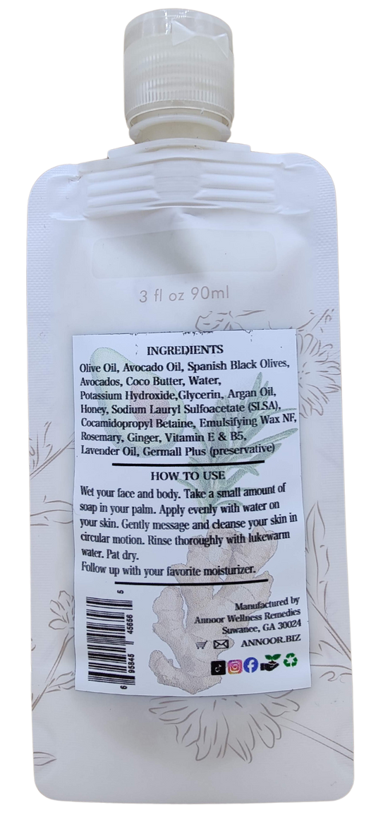 Organic Face & Body Liquid Soap (3 Fl Oz) - Hand Crafted - Argan Oil, Avocado, Olive, Honey - Harmoney Blend by Annoor