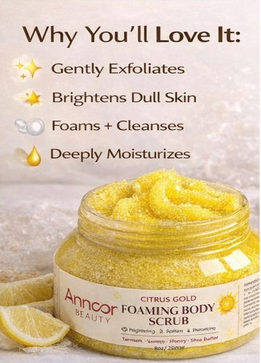 Citrus Gold Lemon Turmeric Honey Foaming Sugar Scrub with Shea Butter – Brightening, Exfoliating & Moisturizing Body Polish for Glowing Skin
