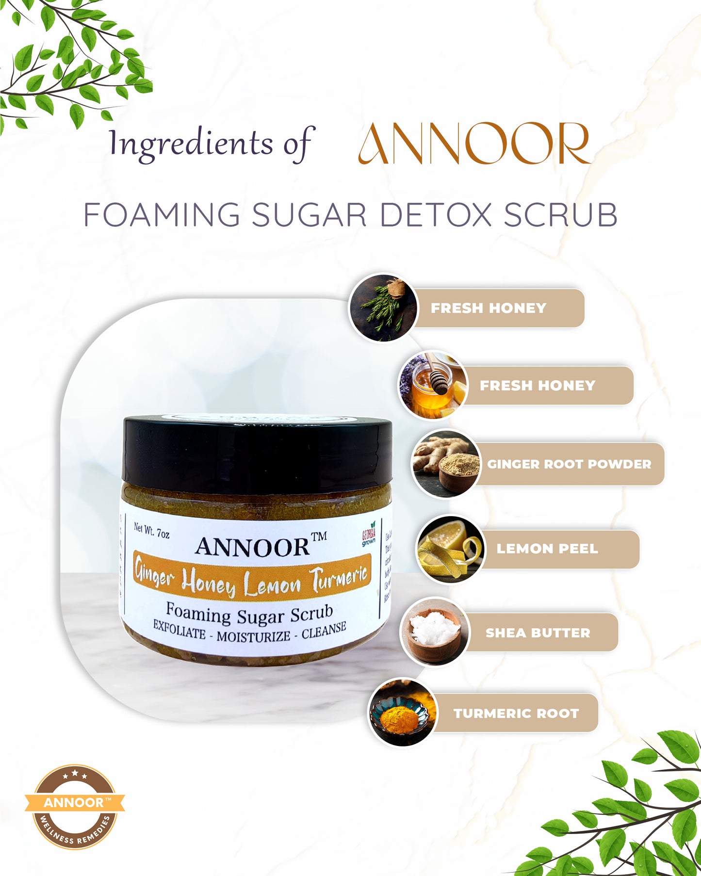 Foaming Sugar Scrub by Annoor - 7 Oz|Ginger, Honey, Lemon, Turmeric |No Parabens, Sulphates, No Harmful Chem |Face and Body Exfoliating