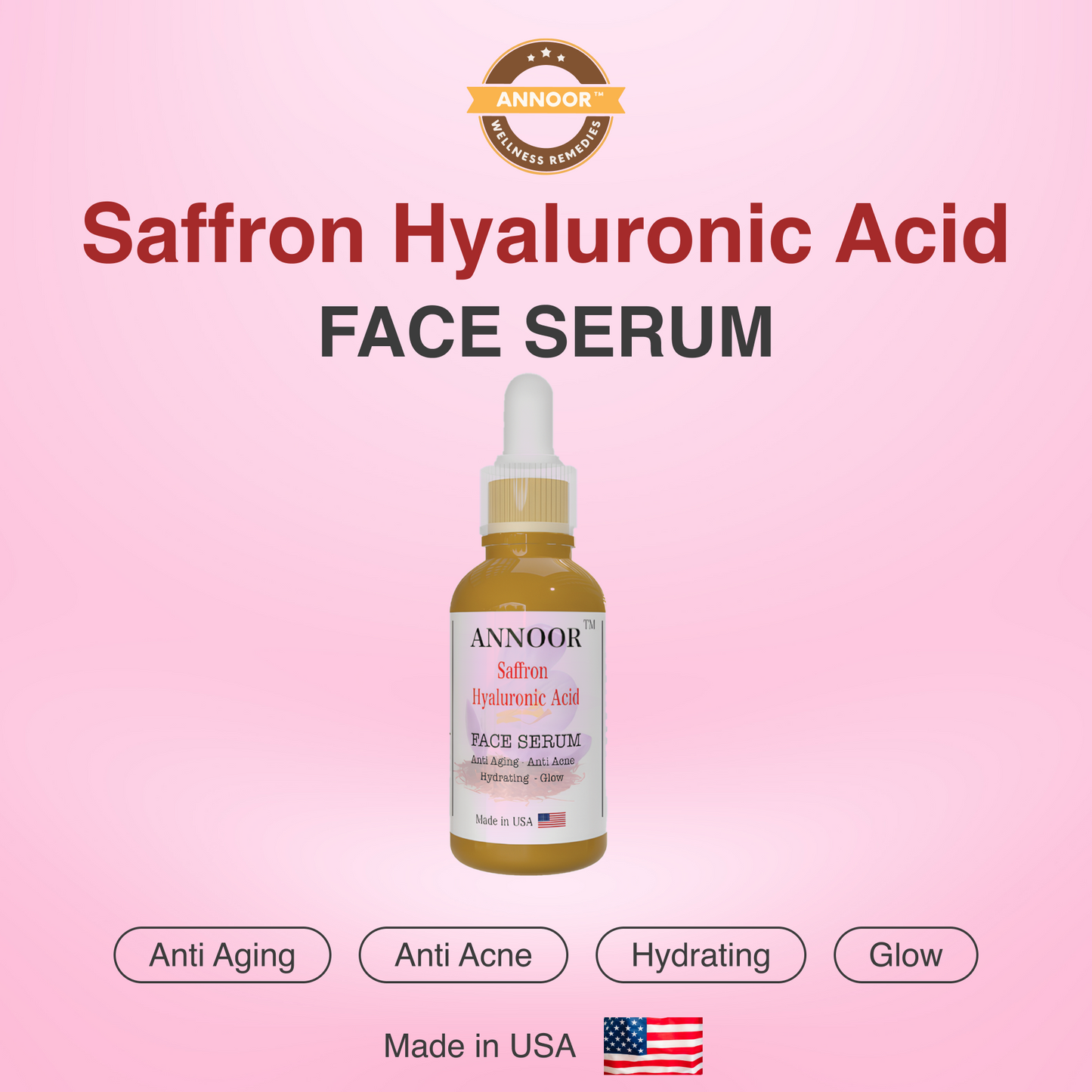 ANNOOR Saffron Hyaluronic Acid Face Serum – Anti-Aging | Anti-Acne | Hydrating Glow