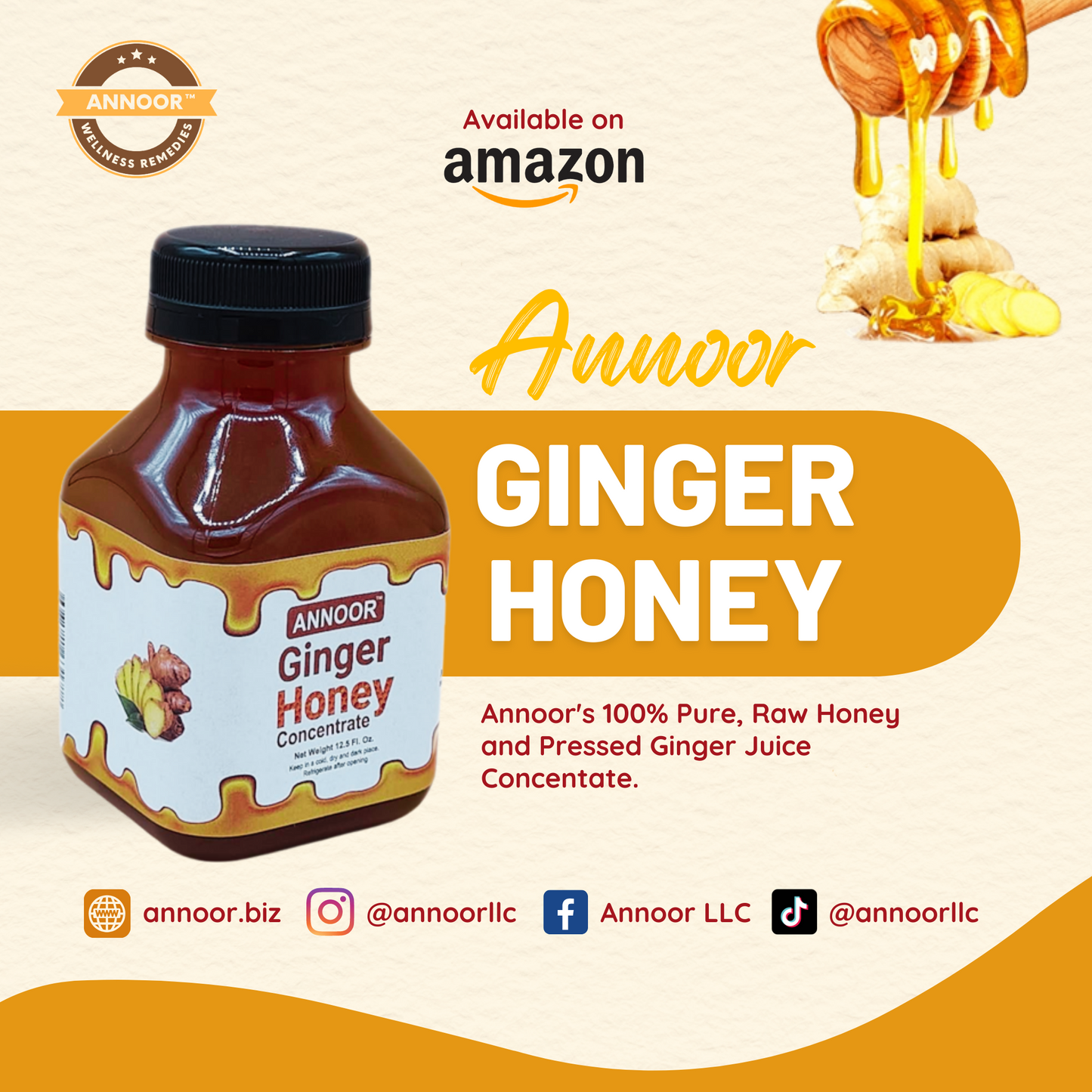 Ginger Honey Syrup By Annoor | 8.5 Fl Oz | NFC | Raw Wildflower Honey and Cold Press Ginger Juice | No Pulp | Use in Tea, Coffee, Cocktail, Water