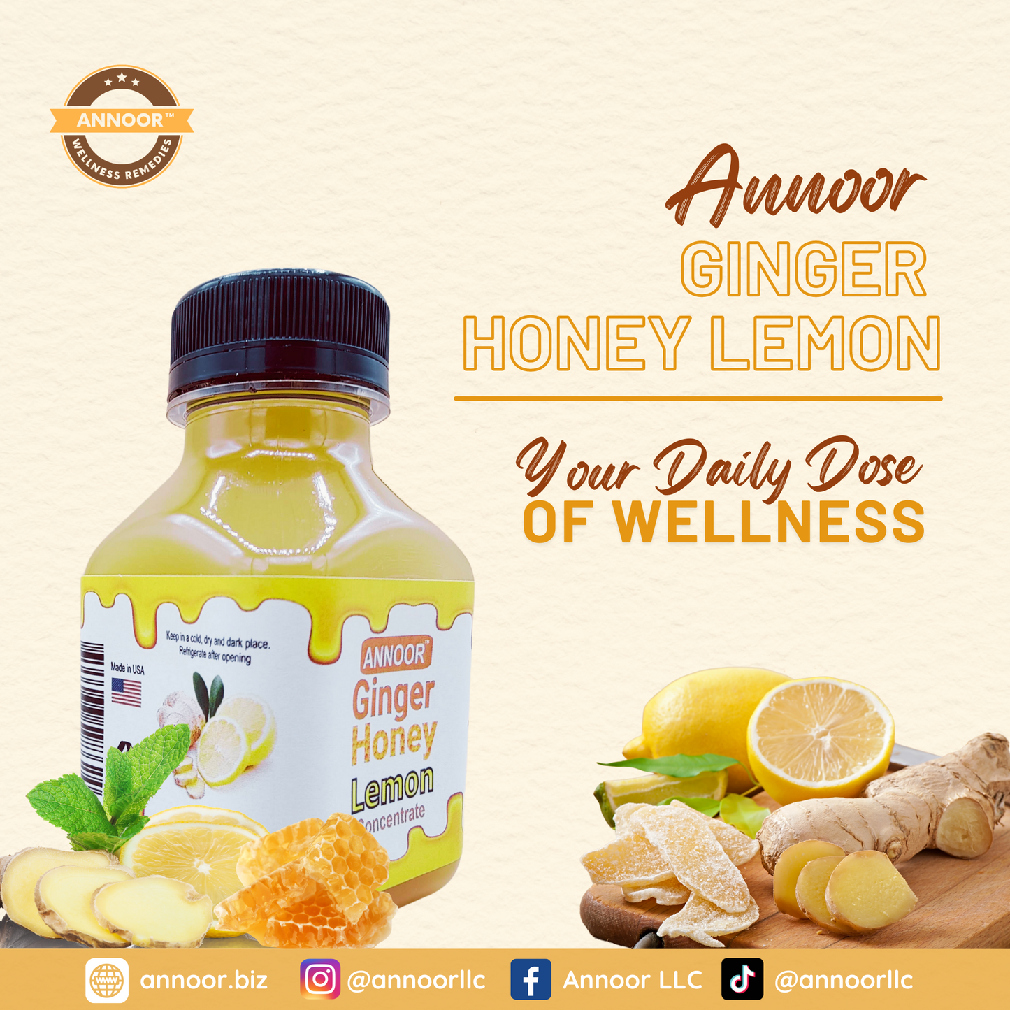 Ginger Lemon & Honey Concentrate Juice by Annoor | 8.5 Fl Oz | NFC | No pulp. Easy to mix | Use in Detox Water, Refreshers, Ginger Lemon Tea