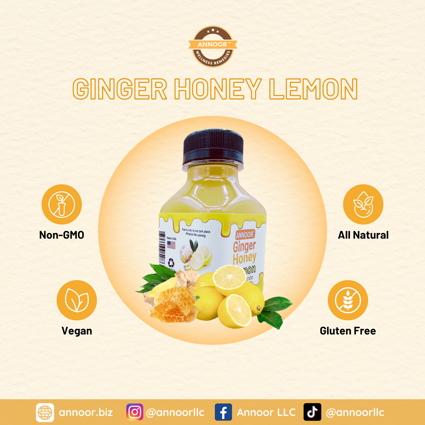 Ginger Lemon & Honey Concentrate Juice by Annoor | 8.5 Fl Oz | NFC | No pulp. Easy to mix | Use in Detox Water, Refreshers, Ginger Lemon Tea