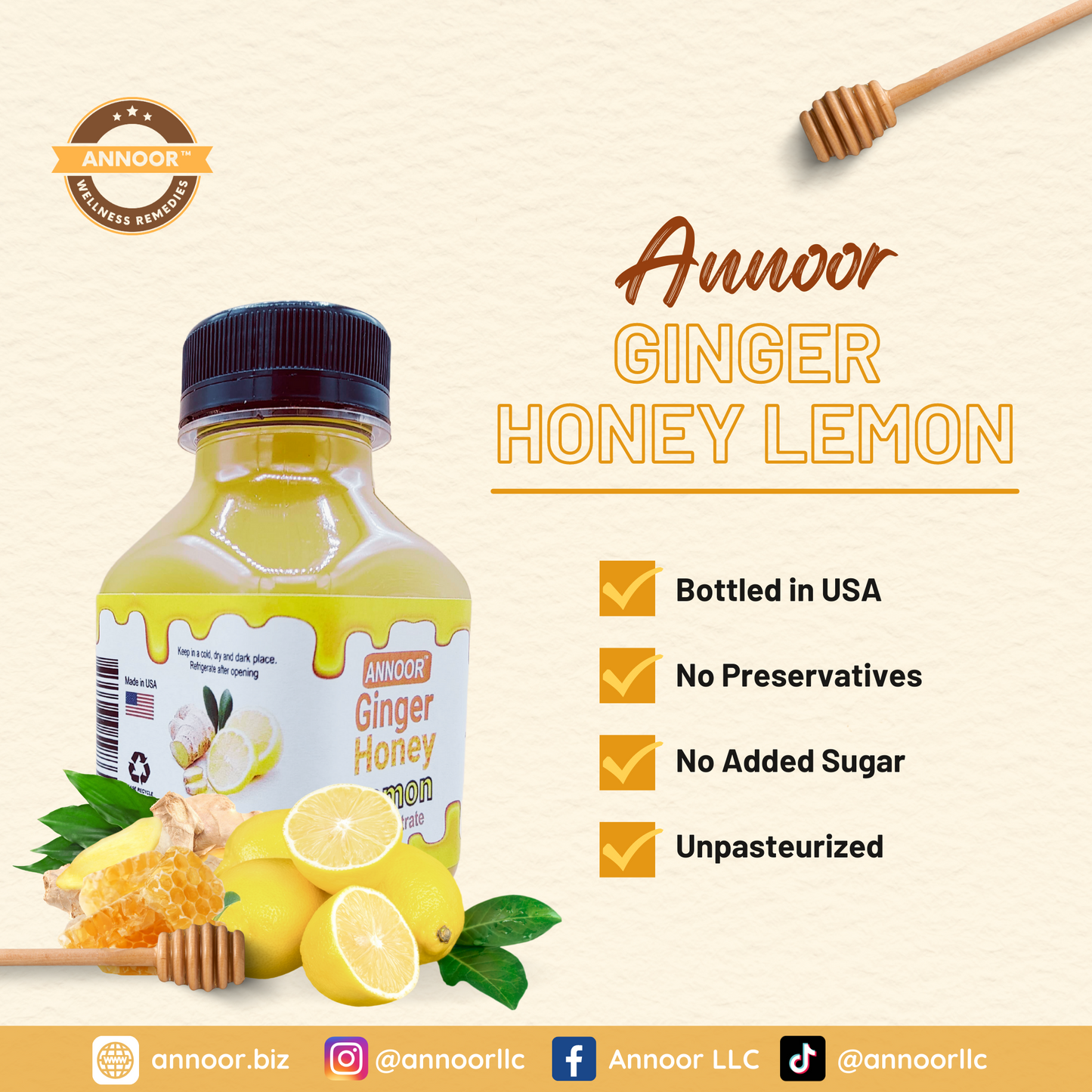 Ginger Lemon & Honey Concentrate Juice by Annoor | 8.5 Fl Oz | NFC | No pulp. Easy to mix | Use in Detox Water, Refreshers, Ginger Lemon Tea