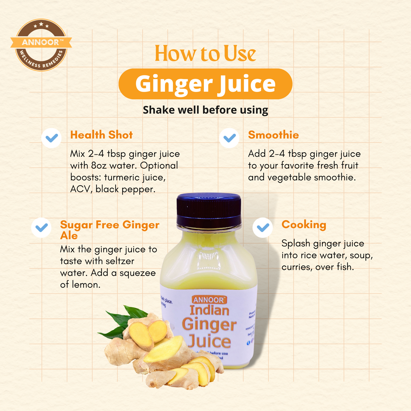 Organic Ginger Juice by Annoor | 32/8.5 Fl Oz | NFC | Raw, Strong, Concentrate and No pulp. Use for Spicy, Zesty & warming kick, Soothing & refreshing ginger tea, marinade, sauces, refreshing lemonade