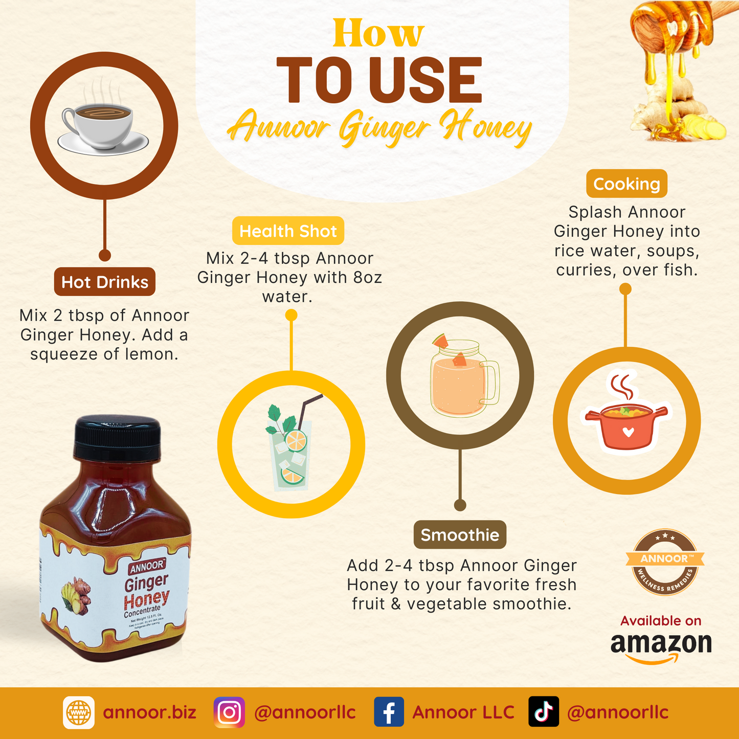 Ginger Honey Syrup By Annoor | 8.5 Fl Oz | NFC | Raw Wildflower Honey and Cold Press Ginger Juice | No Pulp | Use in Tea, Coffee, Cocktail, Water