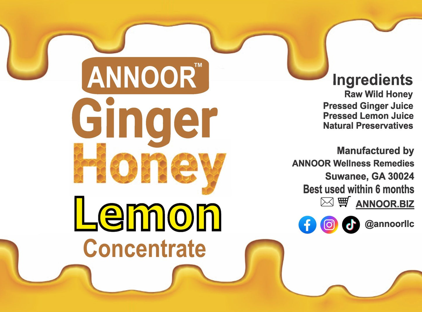 Ginger Lemon & Honey Concentrate Juice by Annoor | 8.5 Fl Oz | NFC | No pulp. Easy to mix | Use in Detox Water, Refreshers, Ginger Lemon Tea