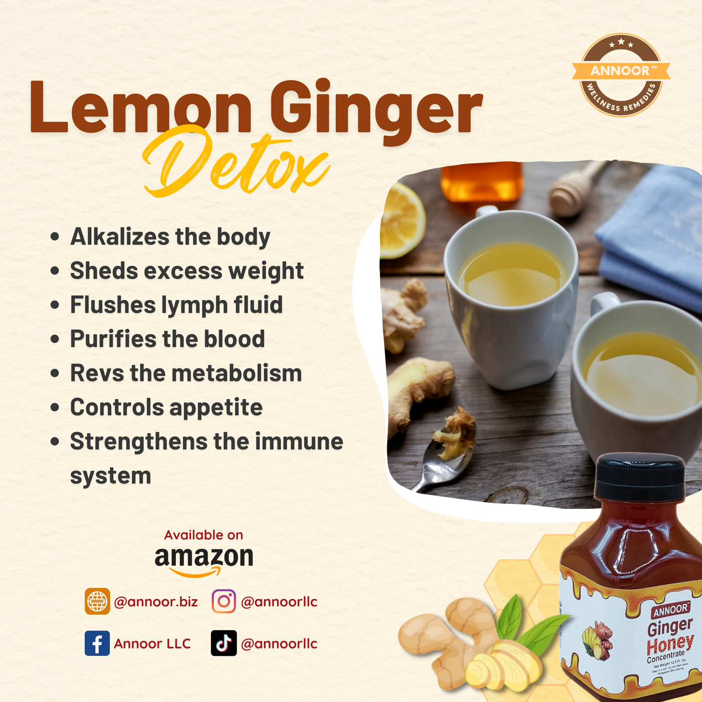 Ginger Lemon & Honey Concentrate Juice by Annoor | 8.5 Fl Oz | NFC | No pulp. Easy to mix | Use in Detox Water, Refreshers, Ginger Lemon Tea and Cocktail