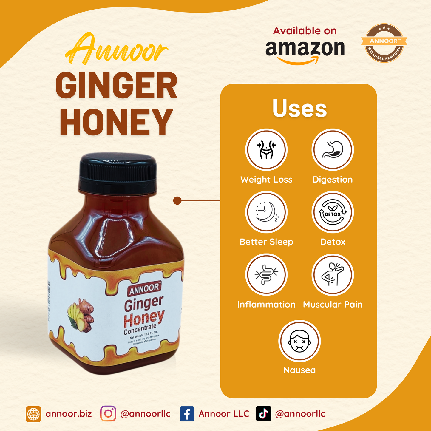 Ginger Honey Syrup By Annoor | 8.5 Fl Oz | NFC | Raw Wildflower Honey and Cold Press Ginger Juice | No Pulp | Use in Tea, Coffee, Cocktail, Water