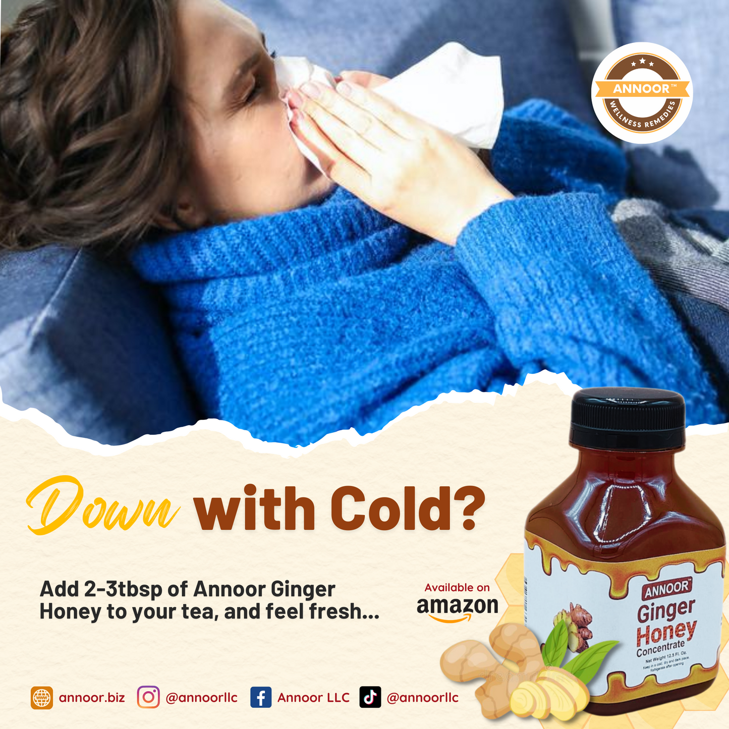 Ginger Honey Syrup By Annoor | 8.5 Fl Oz | NFC | Raw Wildflower Honey and Cold Press Ginger Juice | No Pulp | Use in Tea, Coffee, Cocktail, Water