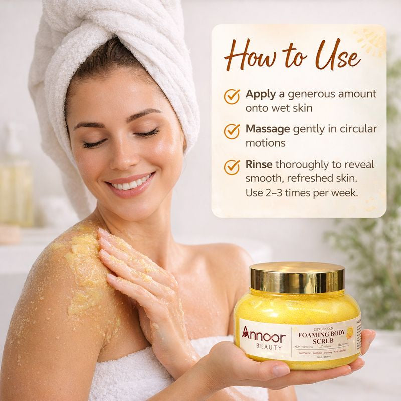 Citrus Gold Lemon Turmeric Honey Foaming Sugar Scrub with Shea Butter – Brightening, Exfoliating & Moisturizing Body Polish for Glowing Skin
