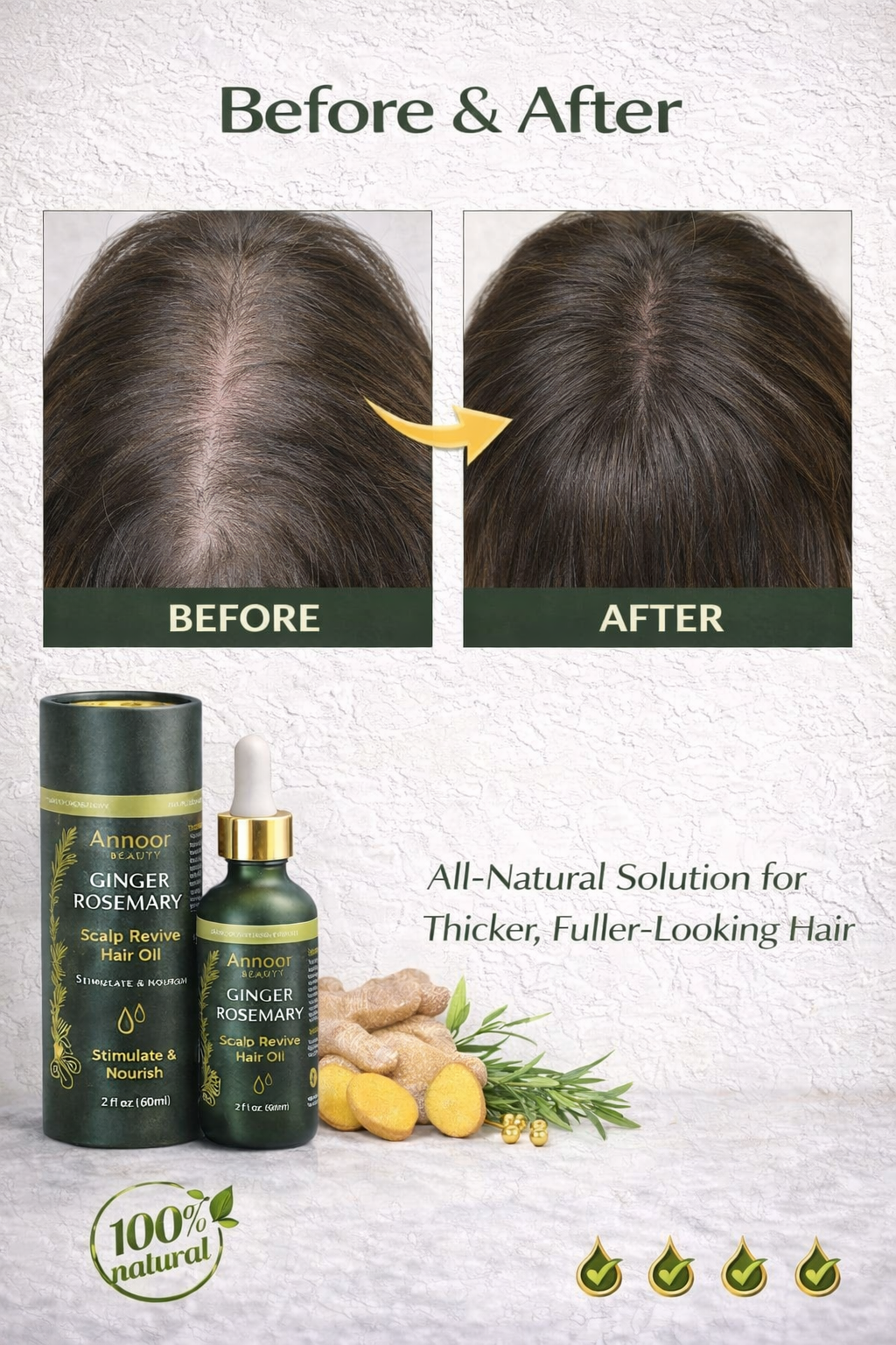 Annoor® Ginger Rosemary Hair Oil – Nourish, Strengthen & Revitalize Scalp – Hair Growth–Inspired Thickening Oil with Organic Argan, Castor & Jojoba – 2 fl oz – For All Hair Types