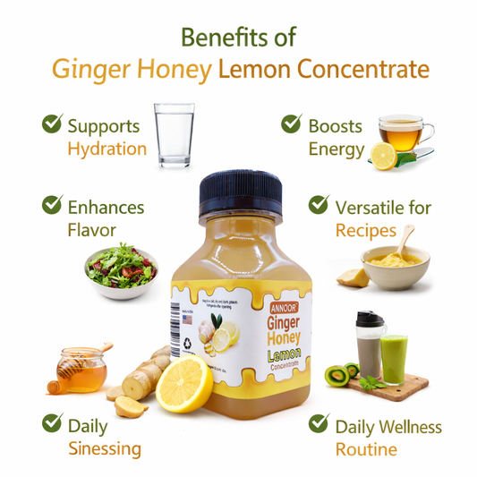 Ginger Lemon & Honey Concentrate Juice by Annoor | 8.5 Fl Oz | NFC | No pulp. Easy to mix | Use in Detox Water, Refreshers, Ginger Lemon Tea