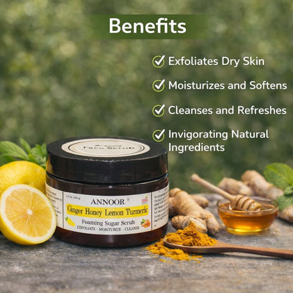 Annoor Foaming Sugar Scrub – Ginger Honey Lemon Turmeric - Gentle Exfoliation (6.5 oz / 185 g)