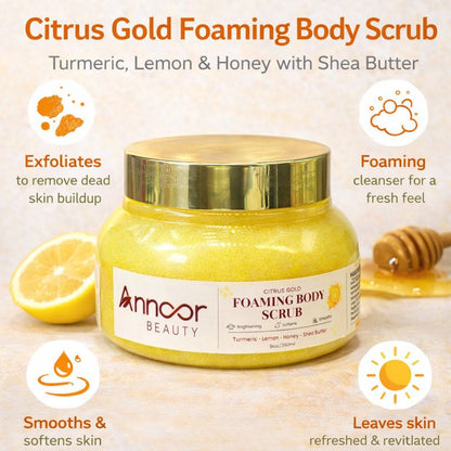 Citrus Gold Lemon Turmeric Honey Foaming Sugar Scrub with Shea Butter – Brightening, Exfoliating & Moisturizing Body Polish for Glowing Skin