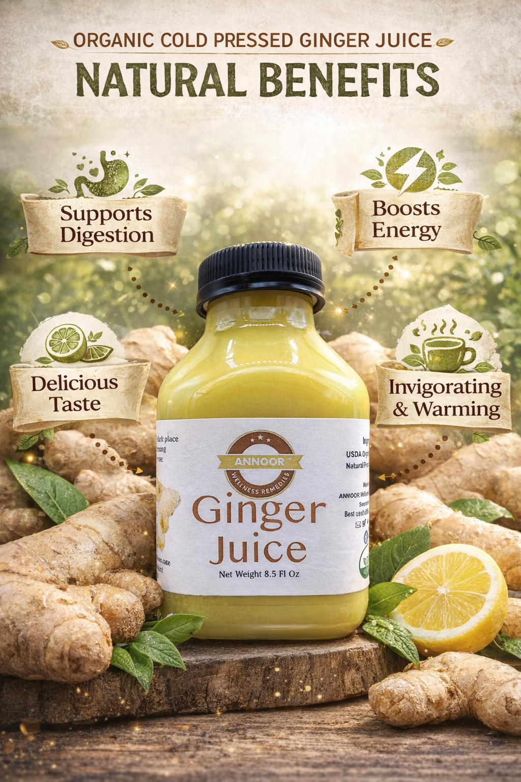 Ginger Juice Organic by Annoor | 8.5 Fl Oz Each | NFC | Raw, Strong, Concentrate and No pulp.