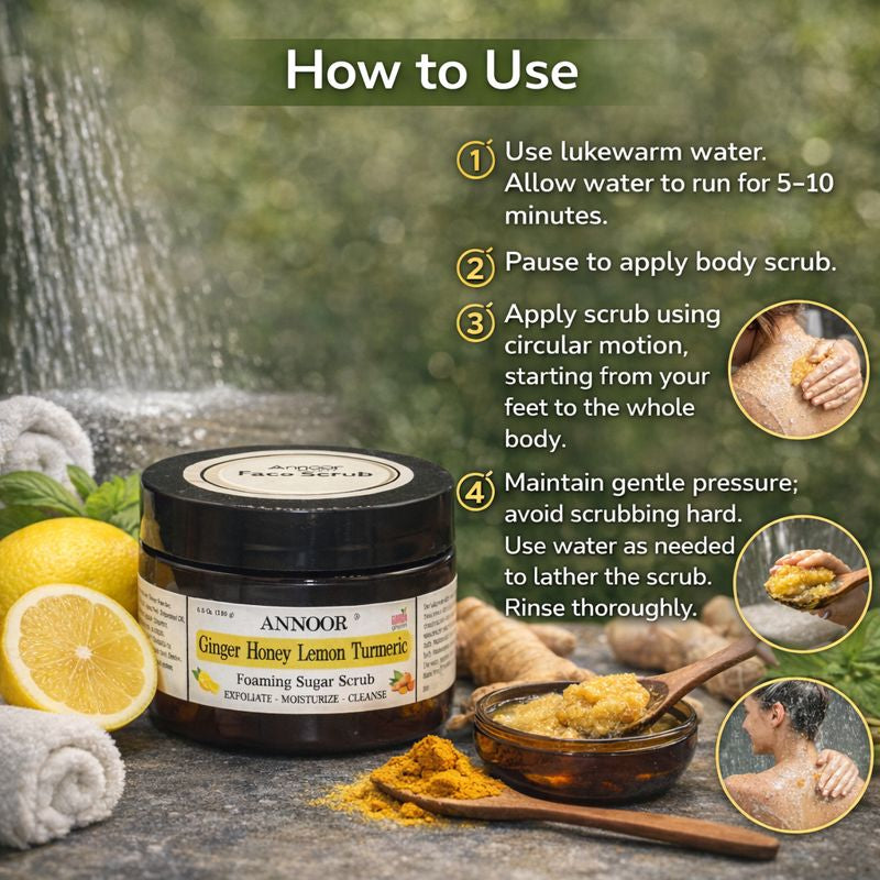 Annoor Foaming Sugar Scrub – Ginger Honey Lemon Turmeric - Gentle Exfoliation (6.5 oz / 185 g)