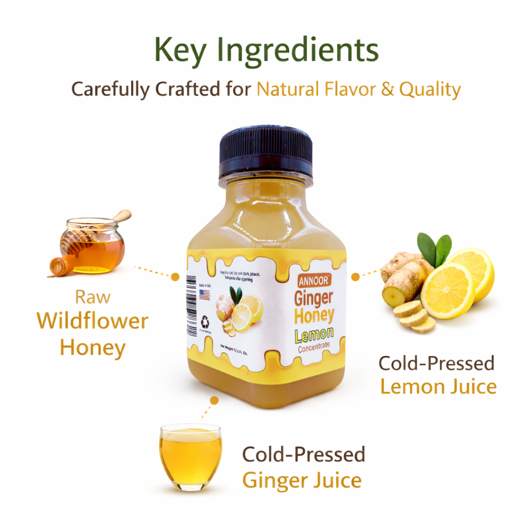 Ginger Lemon & Honey Concentrate Juice by Annoor | 8.5 Fl Oz | NFC | No pulp. Easy to mix | Use in Detox Water, Refreshers, Ginger Lemon Tea