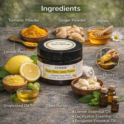 Annoor Foaming Sugar Scrub – Ginger Honey Lemon Turmeric - Gentle Exfoliation (6.5 oz / 185 g)