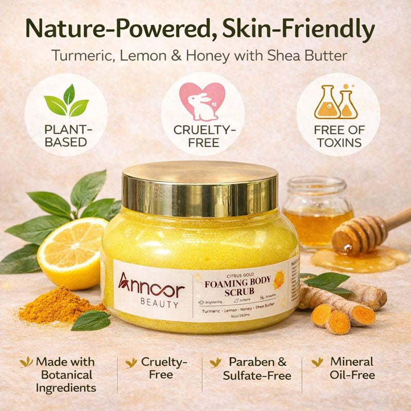 Citrus Gold Lemon Turmeric Honey Foaming Sugar Scrub with Shea Butter – Brightening, Exfoliating & Moisturizing Body Polish for Glowing Skin
