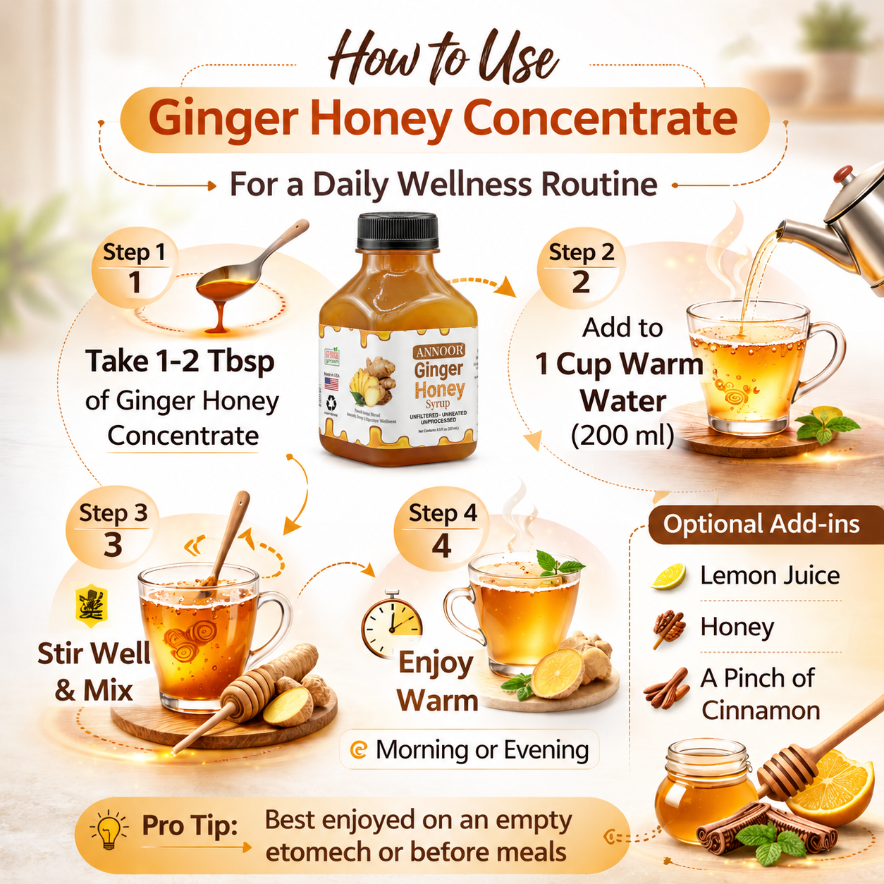 Ginger Honey Syrup By Annoor | 8.5 Fl Oz | NFC | Raw Wildflower Honey and Cold Press Ginger Juice | No Pulp | Use in Tea, Coffee, Cocktail, Water