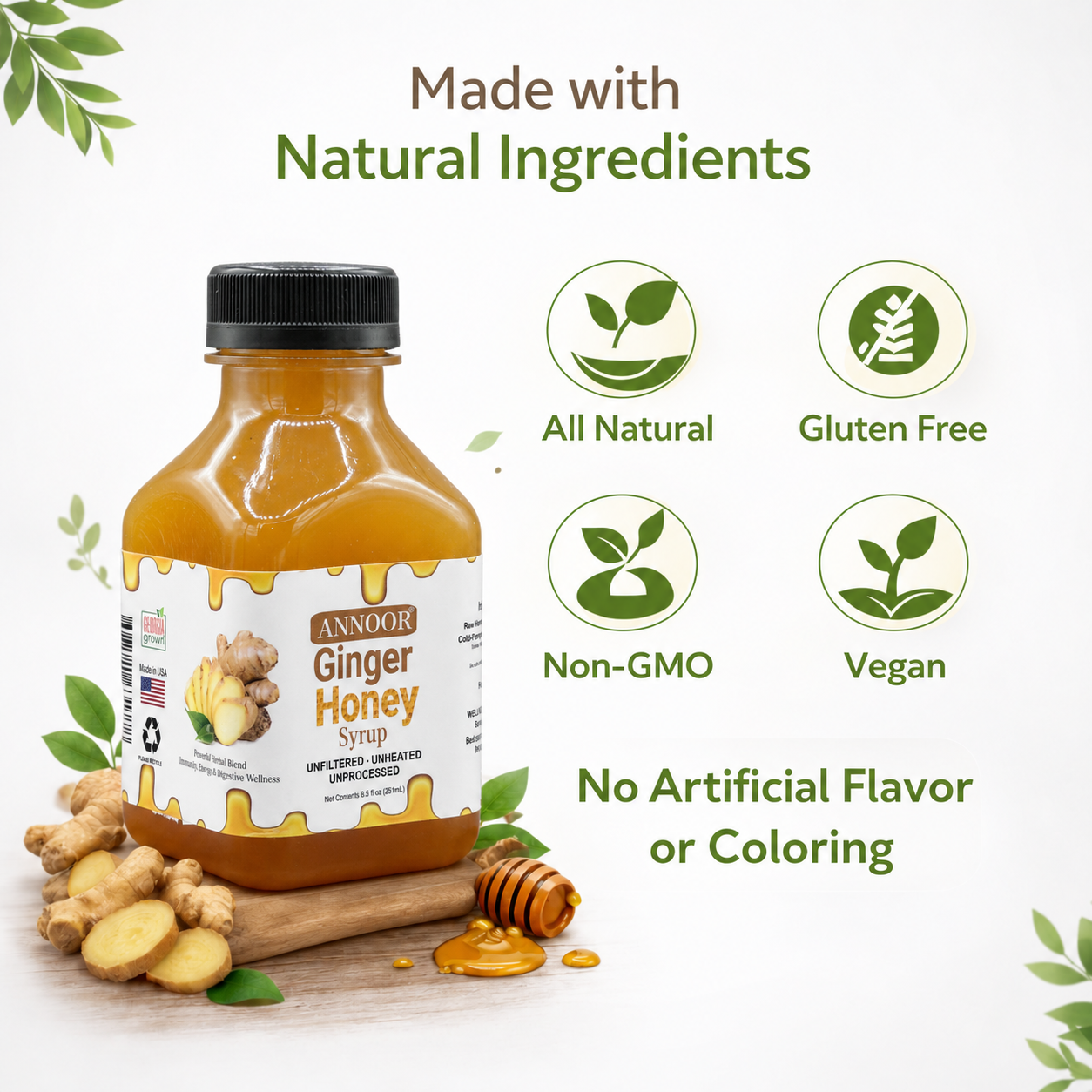 Ginger Honey Syrup By Annoor | 8.5 Fl Oz | NFC | Raw Wildflower Honey and Cold Press Ginger Juice | No Pulp | Use in Tea, Coffee, Cocktail, Water