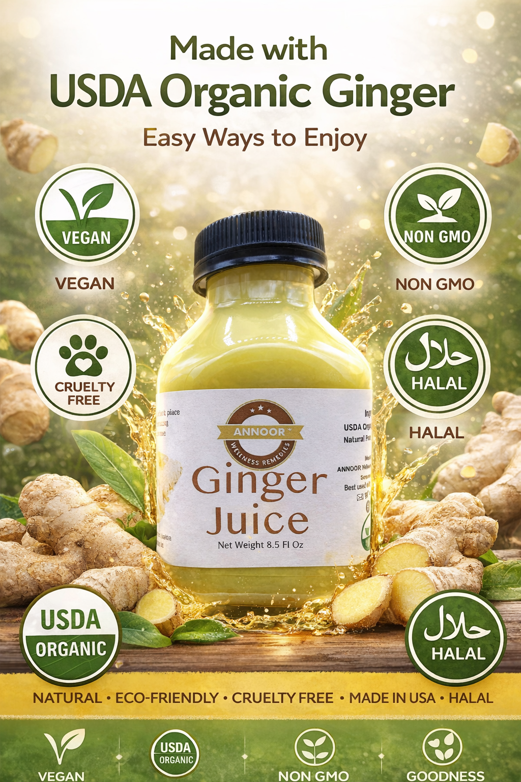 Ginger Juice Organic by Annoor | 8.5 Fl Oz Each | NFC | Raw, Strong, Concentrate and No pulp.