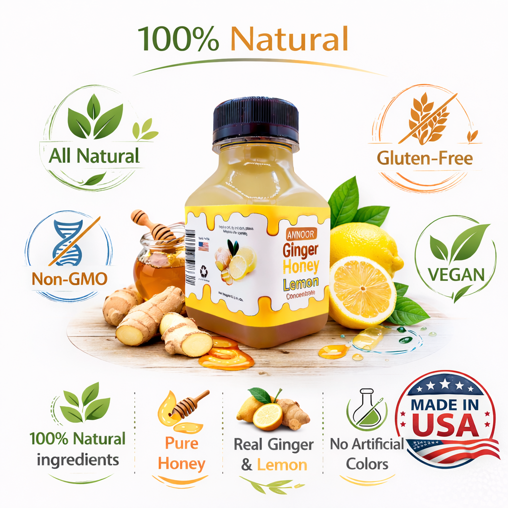 Ginger Lemon & Honey Concentrate Juice by Annoor | 8.5 Fl Oz | NFC | No pulp. Easy to mix | Use in Detox Water, Refreshers, Ginger Lemon Tea