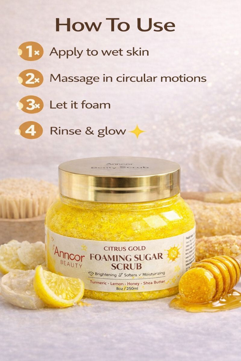 Citrus Gold Lemon Turmeric Honey Foaming Sugar Scrub with Shea Butter – Brightening, Exfoliating & Moisturizing Body Polish for Glowing Skin