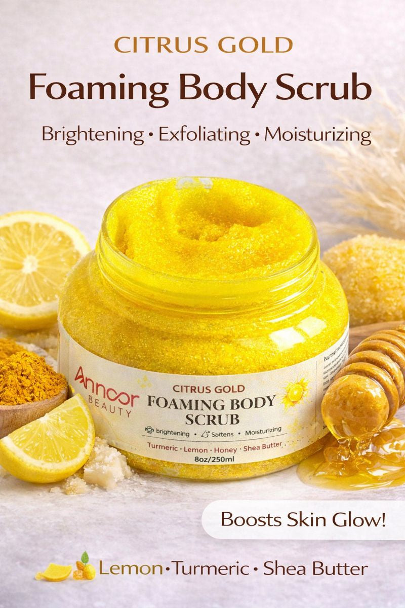 Citrus Gold Lemon Turmeric Honey Foaming Sugar Scrub with Shea Butter – Brightening, Exfoliating & Moisturizing Body Polish for Glowing Skin