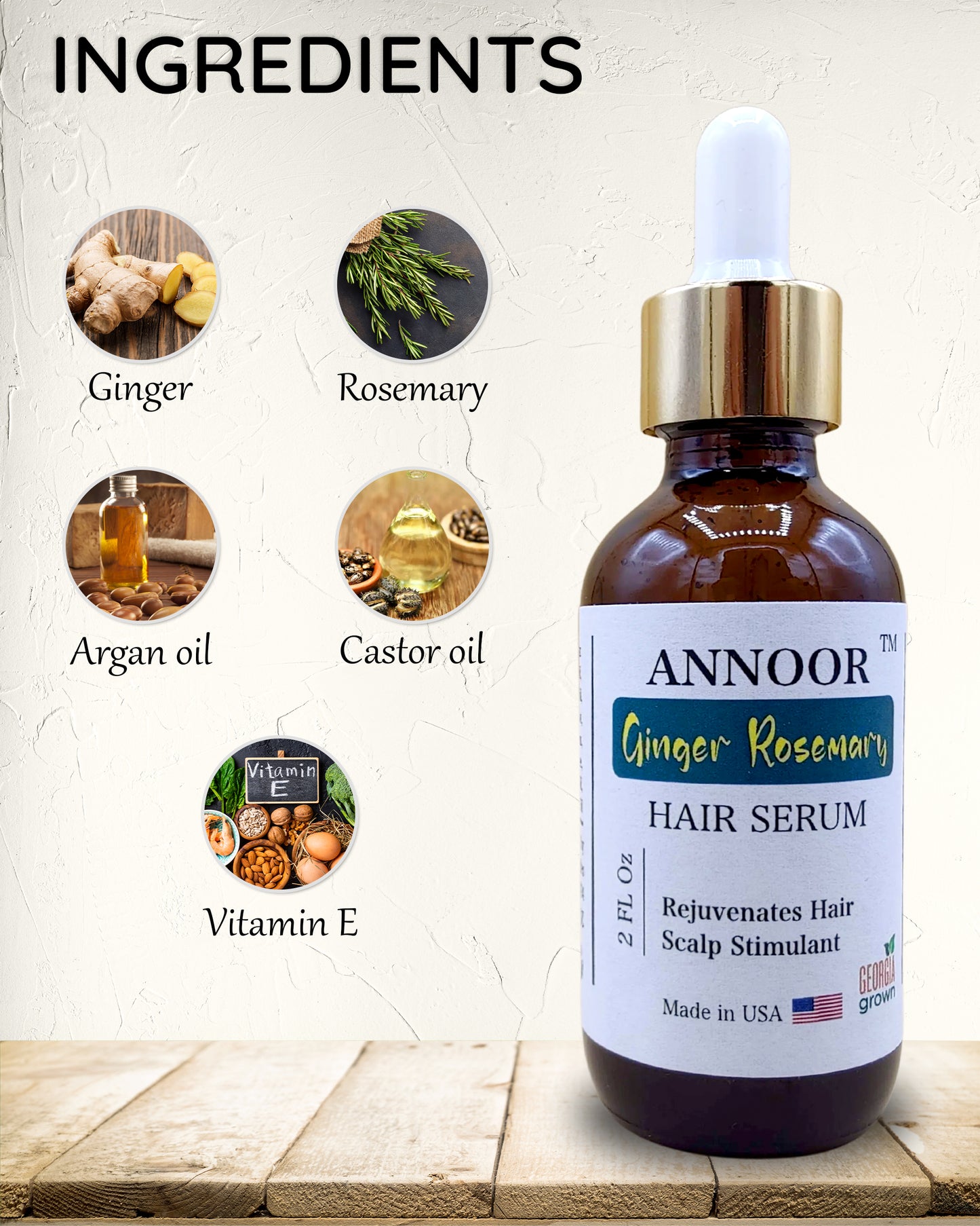 Ginger Rosemary Hair Serum by Annoor | 2 Fl Oz | Nourish, Strengthen, Shine, and Revitalize for Healthy Hair Growth and Scalp Renewal