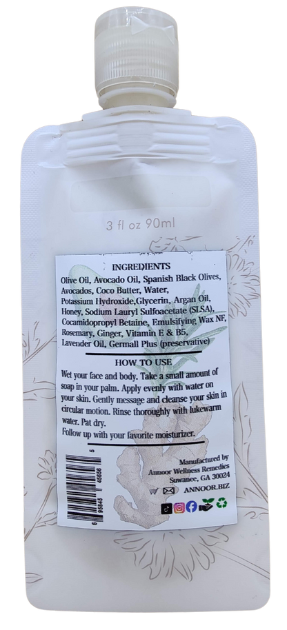 Organic Face & Body Liquid Soap (3 Fl Oz) - Hand Crafted - Argan Oil, Avocado, Olive, Honey - Harmoney Blend by Annoor