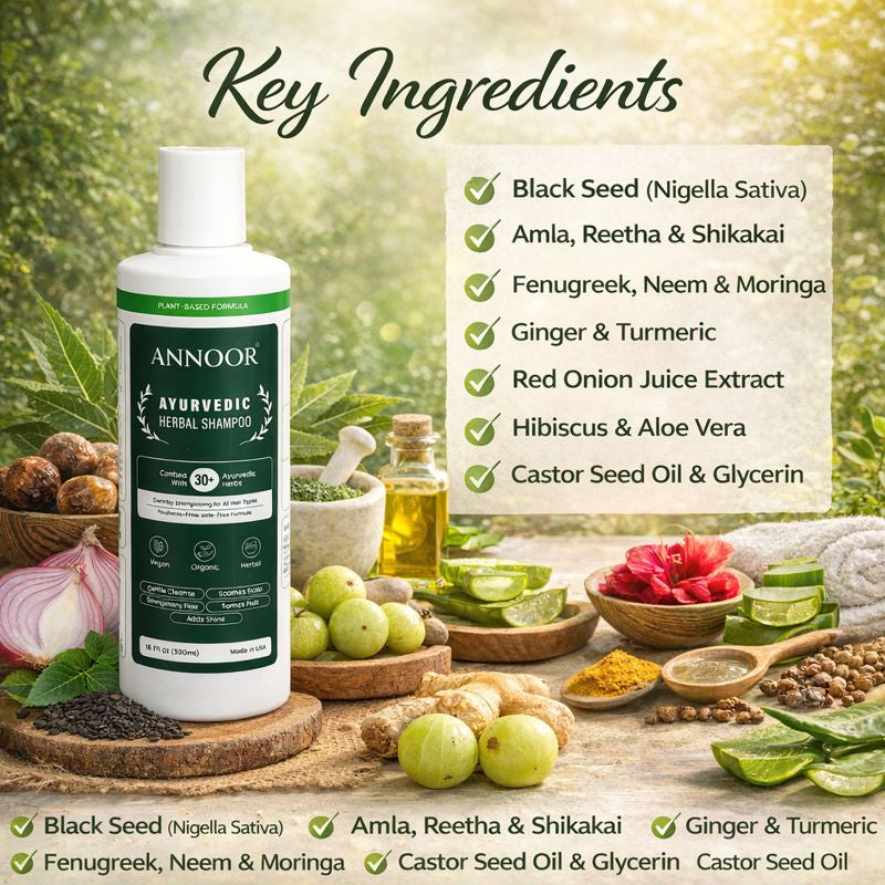 Annoor Ayurvedic Herbal Shampoo – Sulfate-Free, Plant-Based, Gentle & Nourishing for All Hair Types (16.9 fl oz / 500 mL)