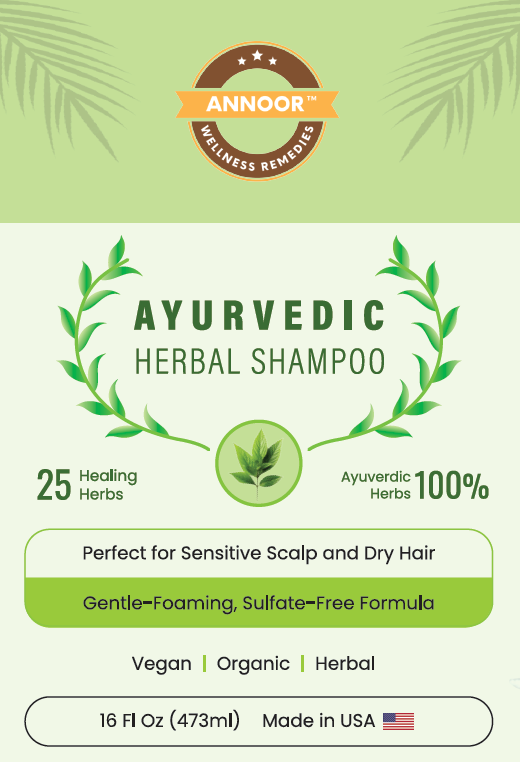 Ayuverdic Herbal Shampoo by Annoor | 16 Oz | Plants Based | Sulfate Free | With Amla, Reetha, Shikakai, Aloe Vera & 25 Healing Herbs | For Sensitive Scalp | Rejuvenate, Shine, Moisturize