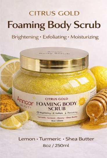 Citrus Gold Lemon Turmeric Honey Foaming Sugar Scrub with Shea Butter – Brightening, Exfoliating & Moisturizing Body Polish for Glowing Skin