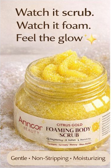 Citrus Gold Lemon Turmeric Honey Foaming Sugar Scrub with Shea Butter – Brightening, Exfoliating & Moisturizing Body Polish for Glowing Skin