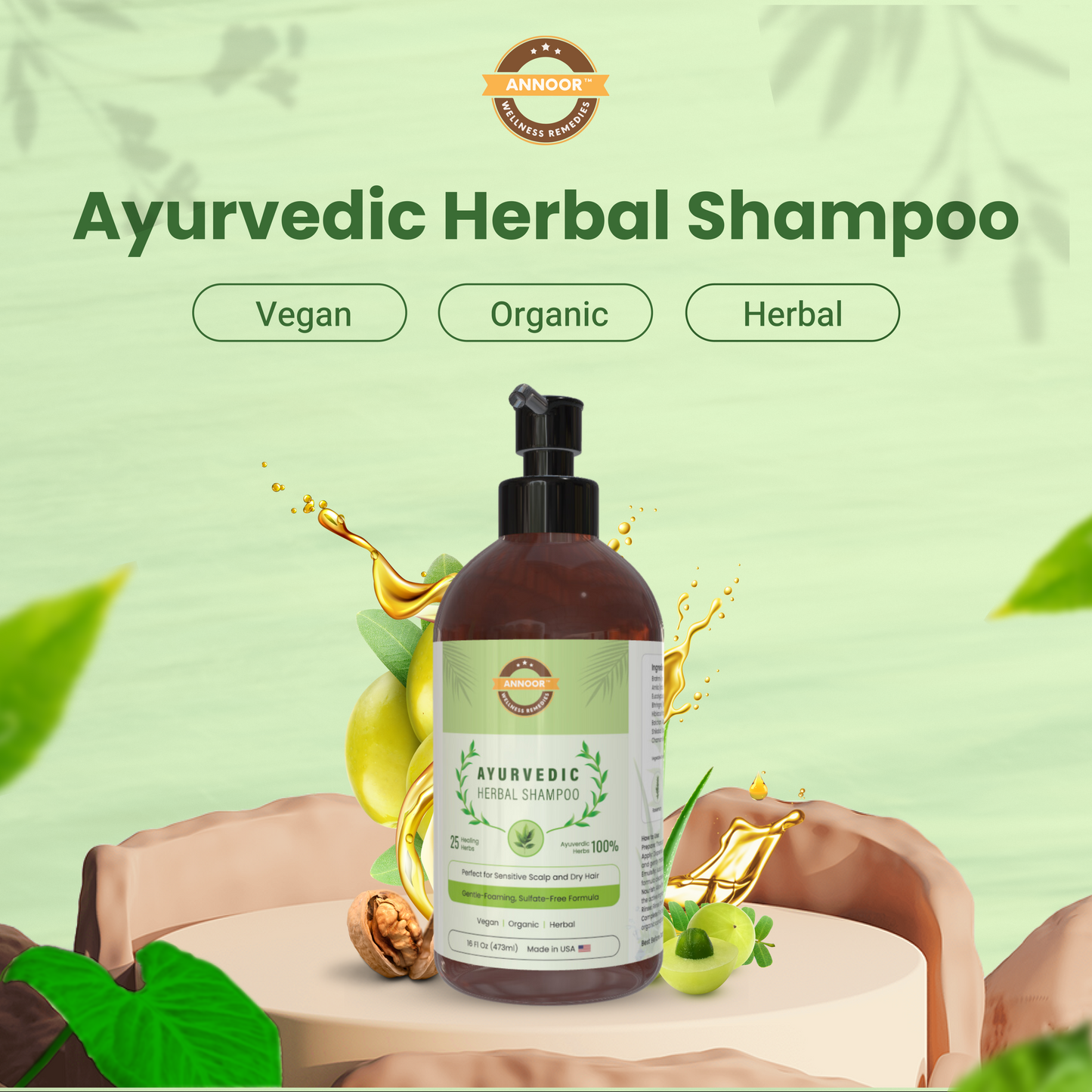 Ayuverdic Herbal Shampoo by Annoor | 16 Oz | Plants Based | Sulfate Free | With Amla, Reetha, Shikakai, Aloe Vera & 25 Healing Herbs | For Sensitive Scalp | Rejuvenate, Shine, Moisturize