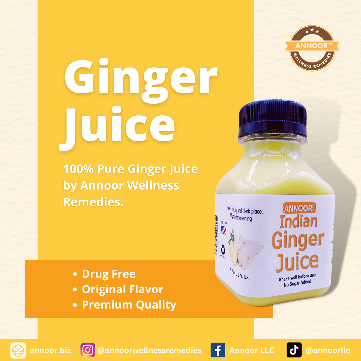 Organic Ginger Juice by Annoor | 32/8.5 Fl Oz | NFC | Raw, Strong, Concentrate and No pulp. Use for Spicy, Zesty & warming kick, Soothing & refreshing ginger tea, marinade, sauces, refreshing lemonade