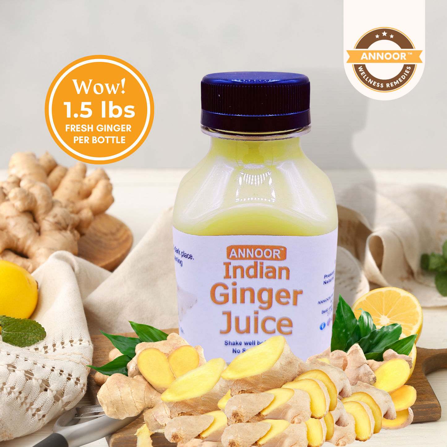 Organic Ginger Juice by Annoor | 32/8.5 Fl Oz | NFC | Raw, Strong, Concentrate and No pulp. Use for Spicy, Zesty & warming kick, Soothing & refreshing ginger tea, marinade, sauces, refreshing lemonade