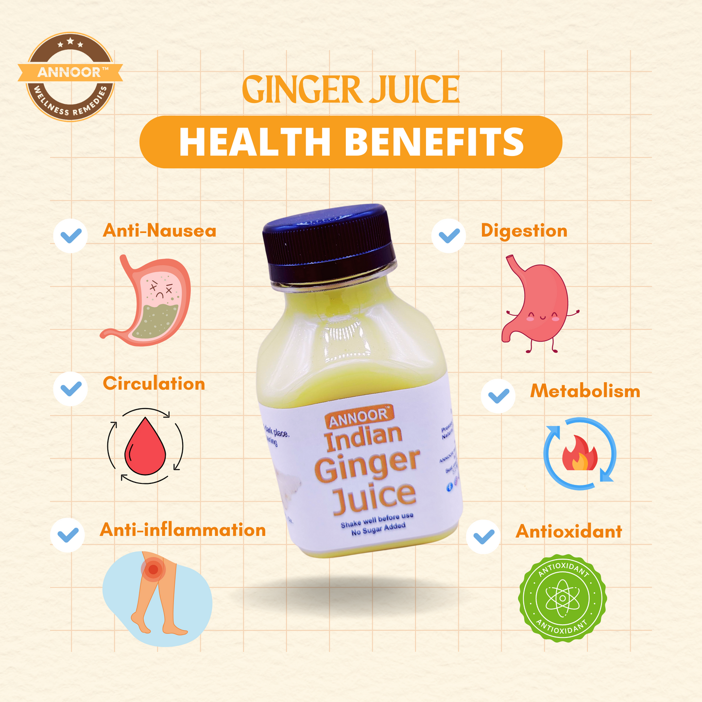 Organic Ginger Juice by Annoor | 32/8.5 Fl Oz | NFC | Raw, Strong, Concentrate and No pulp. Use for Spicy, Zesty & warming kick, Soothing & refreshing ginger tea, marinade, sauces, refreshing lemonade